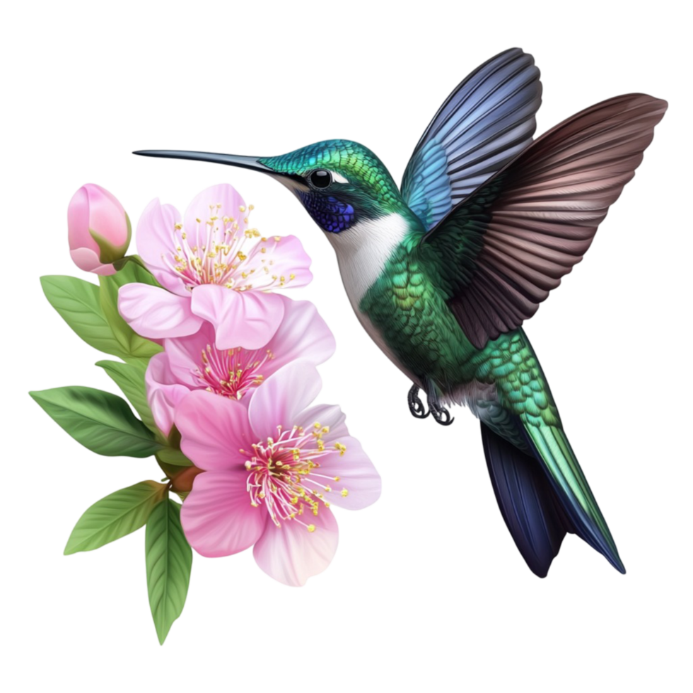 Colorful Hummingbird Flying Near Pink Flowers png