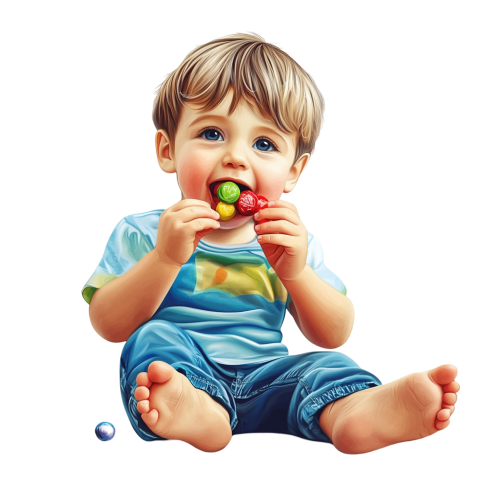 Adorable Baby Boy Eating Ice Cream Sitting on Floor png