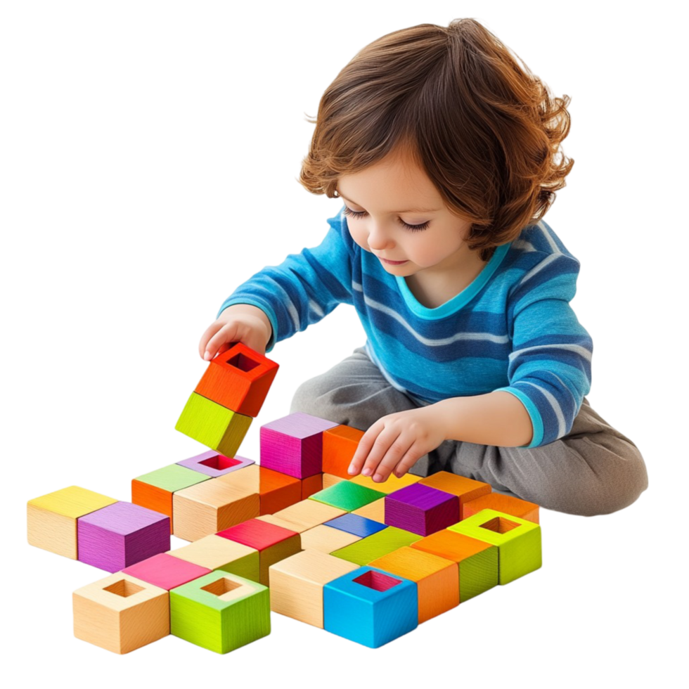 Cute Little Boy Playing with Colorful Wooden Blocks png