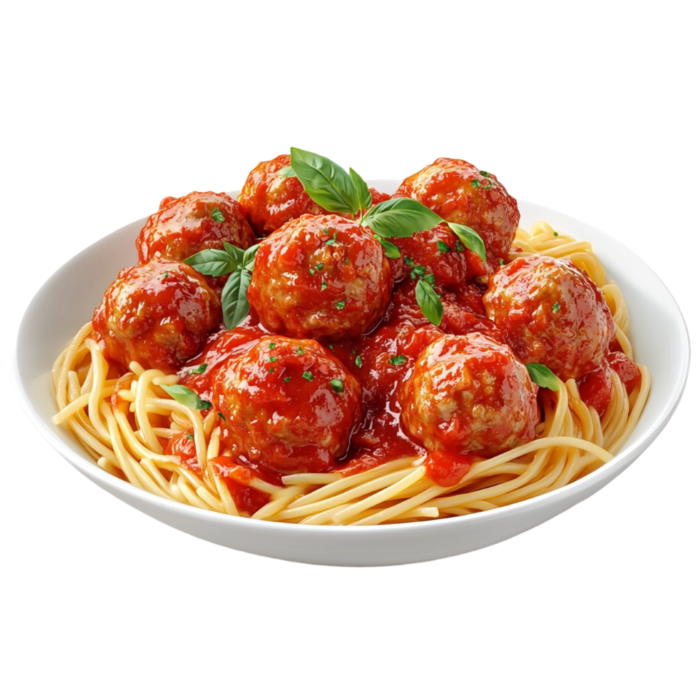 Tasty Spaghetti with Meatballs in Bowl Garnished with Basil Leaves png