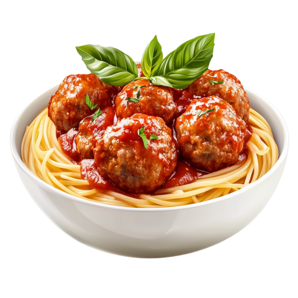 Bowl of Delicious Spaghetti with Meatballs and Basil Leaves png