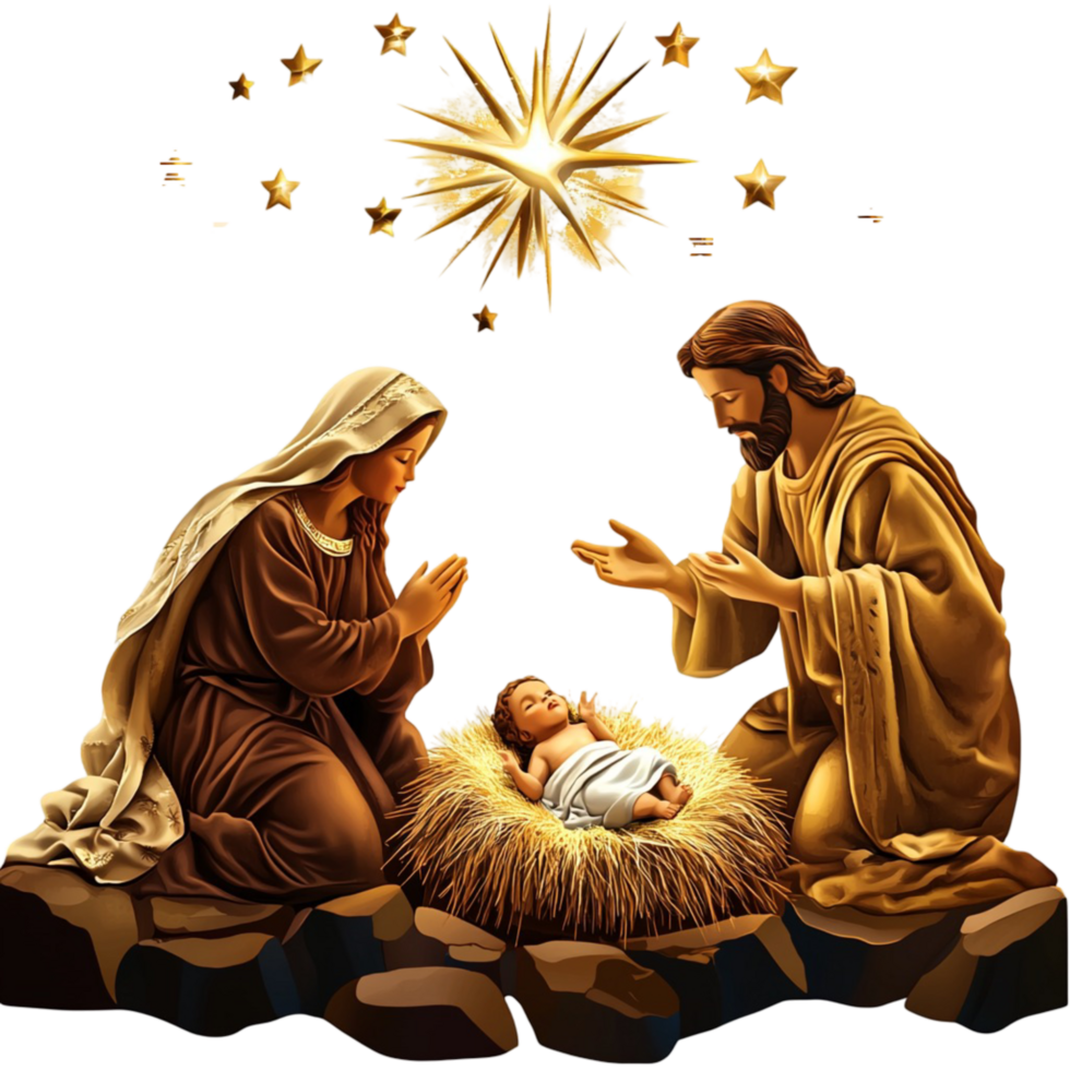 Nativity Scene with Mary Joseph and Baby Jesus under Star of Bethlehem png