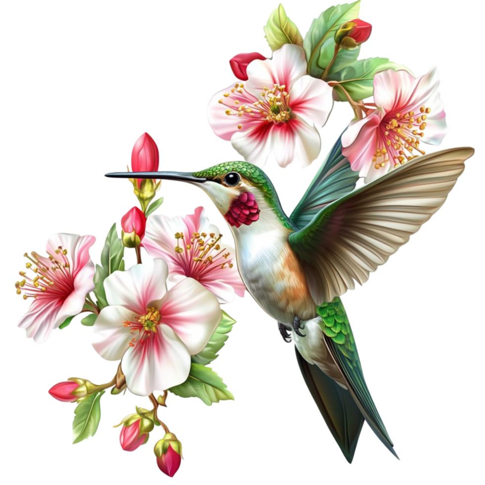 Colorful Hummingbird with Pink Flowers in Realistic Style png