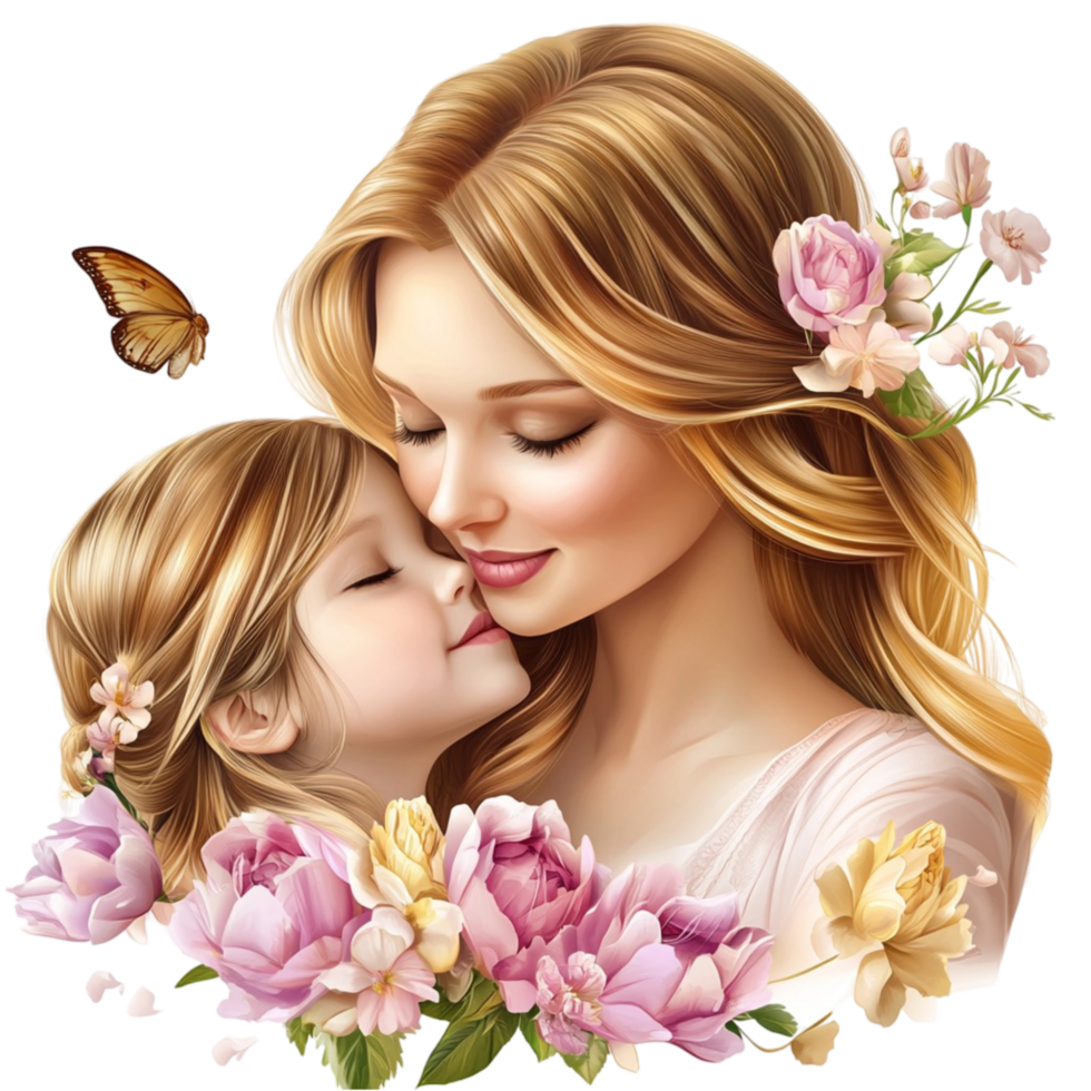Mother and Daughter with Pink Flowers Tender Family Moment png