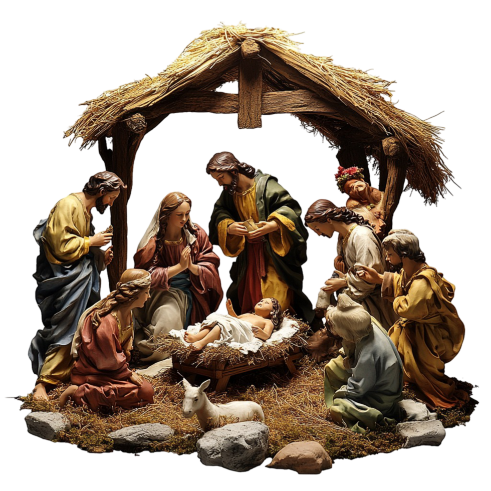 Nativity Scene with Mary Joseph and Baby Jesus in Wooden Manger png