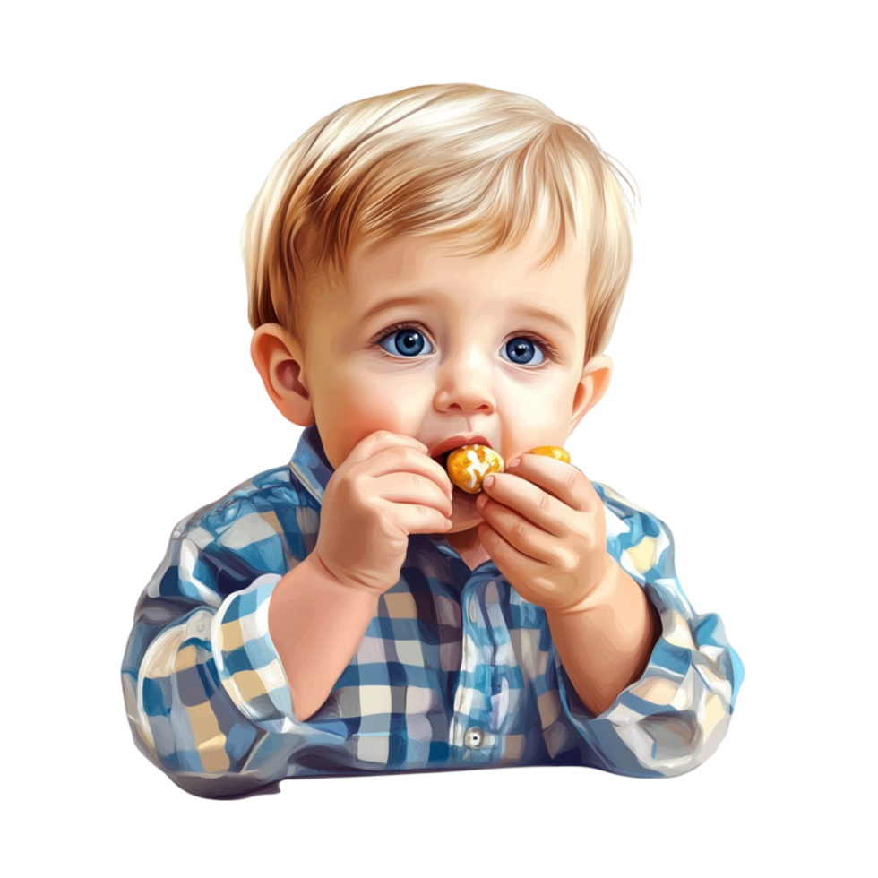 Cute Baby Boy Eating Snack with Blue Checkered Shirt png