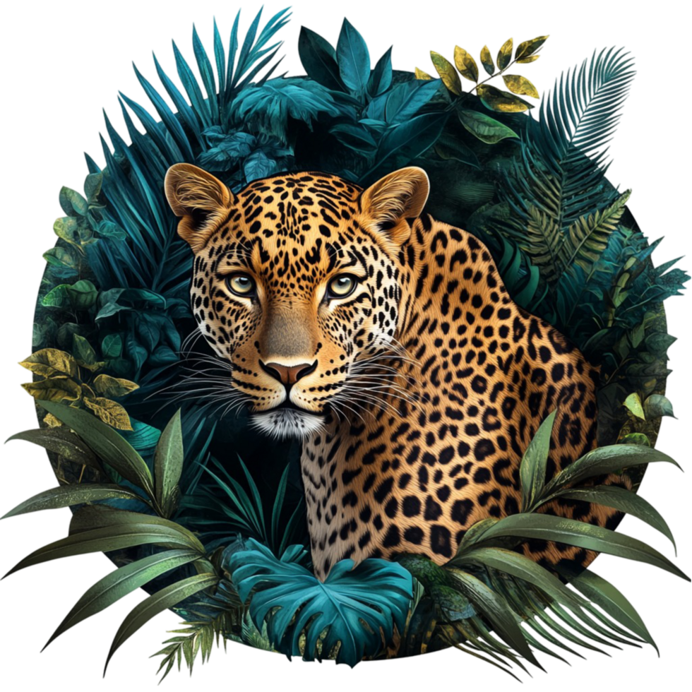 Leopard Lying on Green Tropical Leaves png