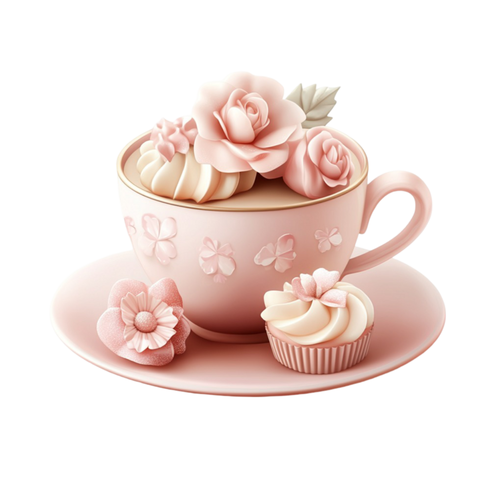 Pink teacup with floral on vintage tea set png