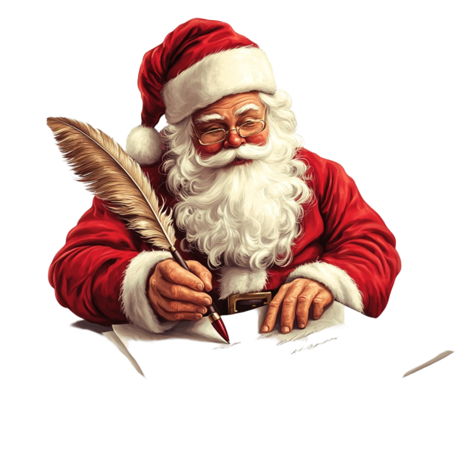 Santa Claus writing wish list with feather pen on Christmas holiday character png