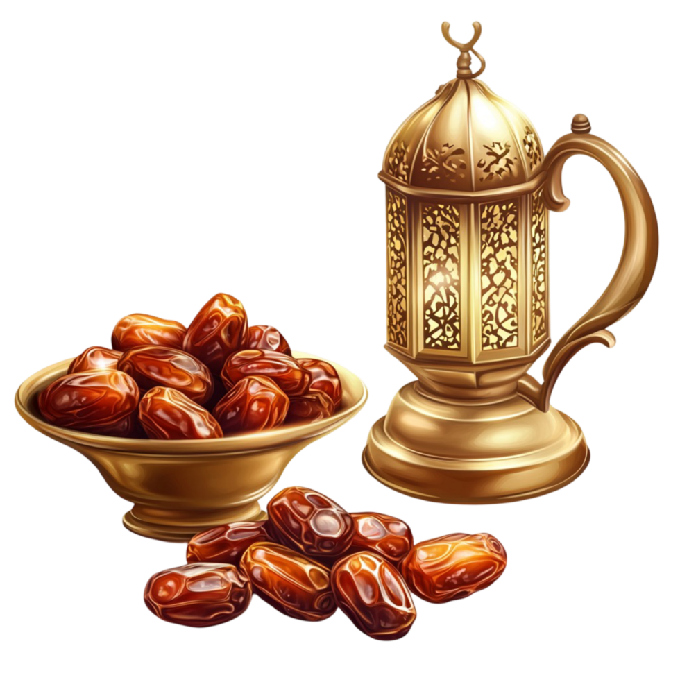 Golden Arabic coffee pot with dates on Middle Eastern hospitality Ramadan iftar png