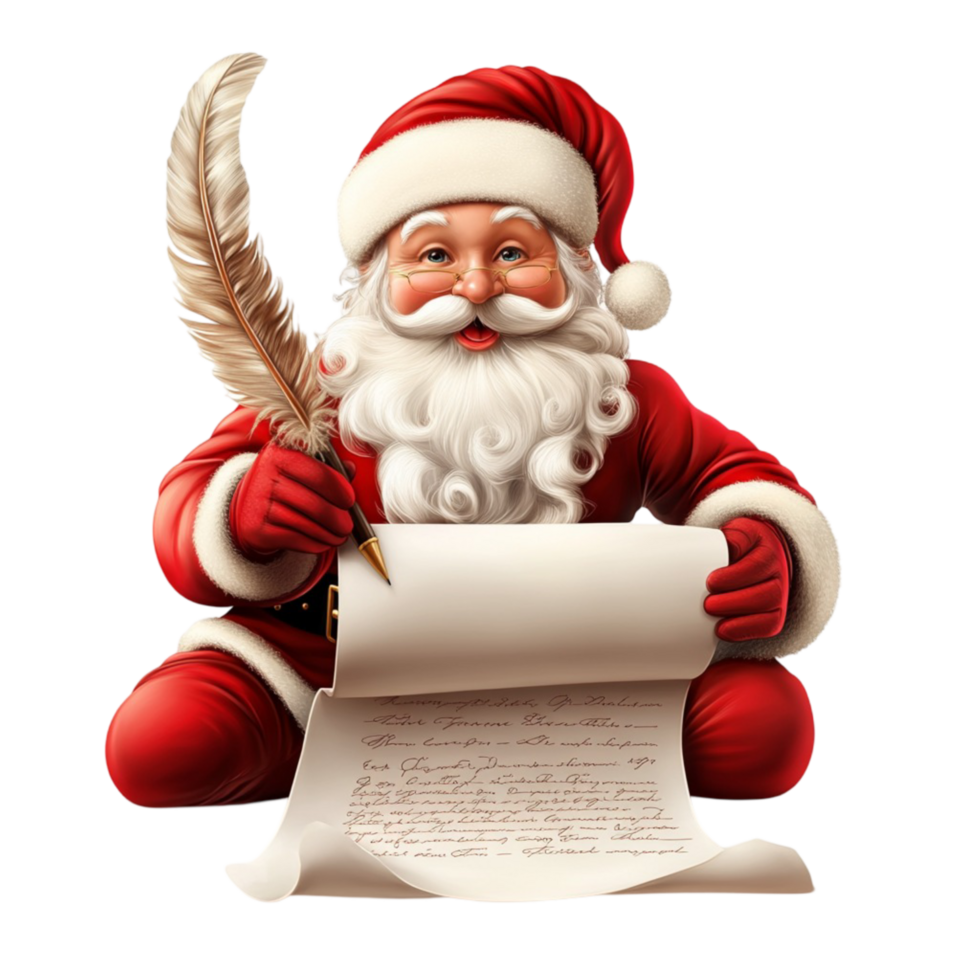 Santa Claus holding long list with feather pen on Christmas holiday character png