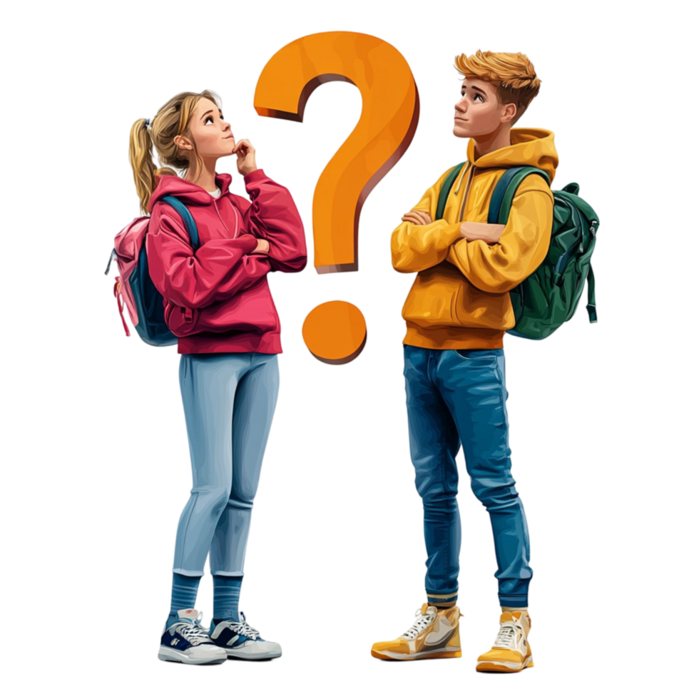 Young couple standing with question mark on decision making concept png