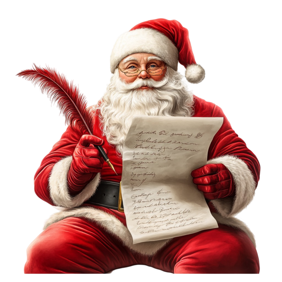 Santa Claus reading wish list with feather pen on Christmas holiday character png
