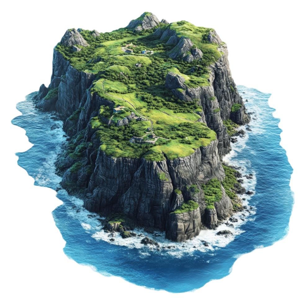 Rocky island with lush green vegetation surrounded by blue ocean on tropical landscape png