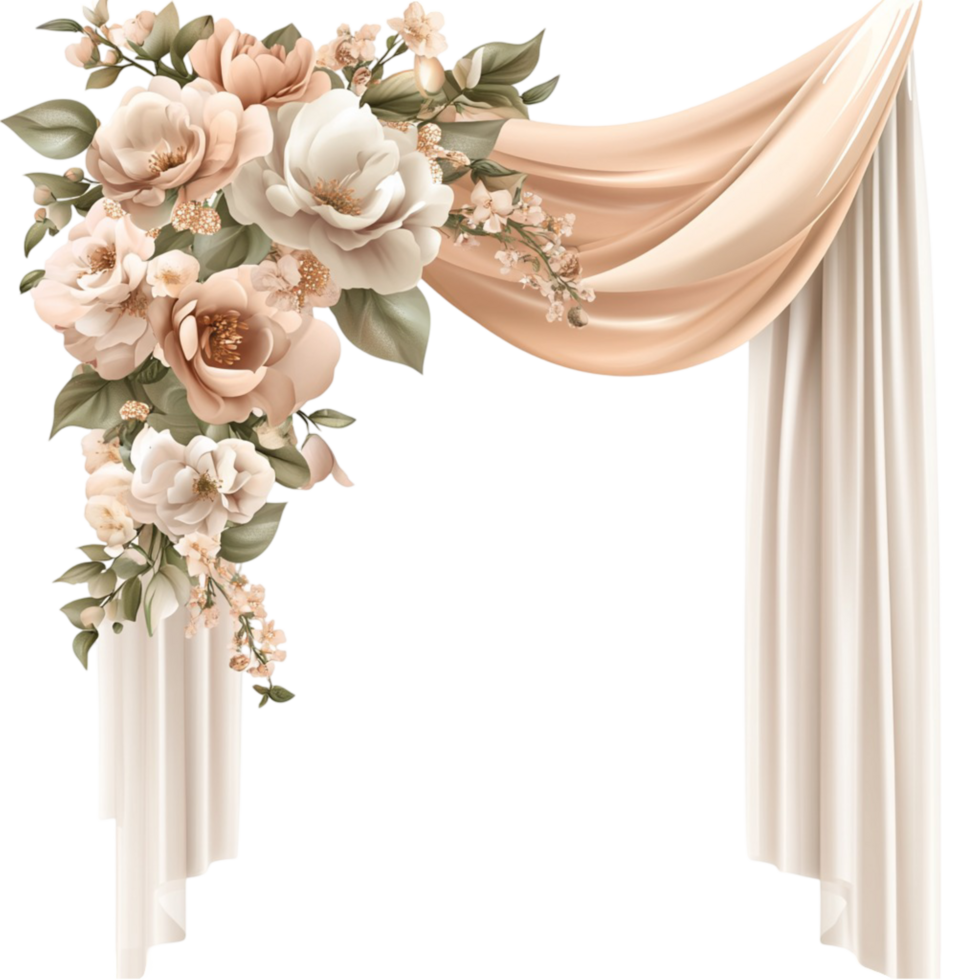 Wedding arch with beige drapes and floral arrangement on elegant ceremony decor png