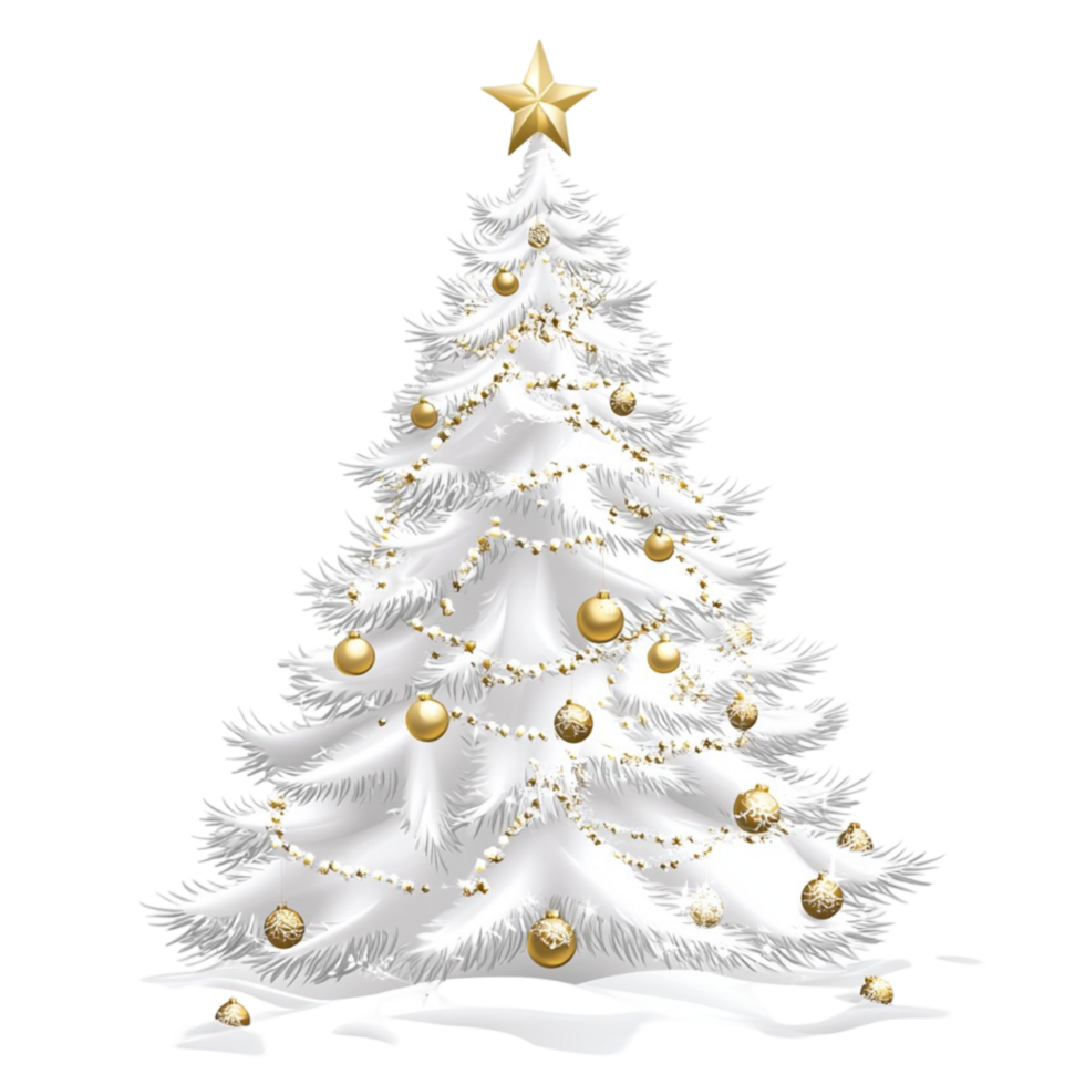 White Christmas tree with golden ornaments and star on festive holiday decoration png