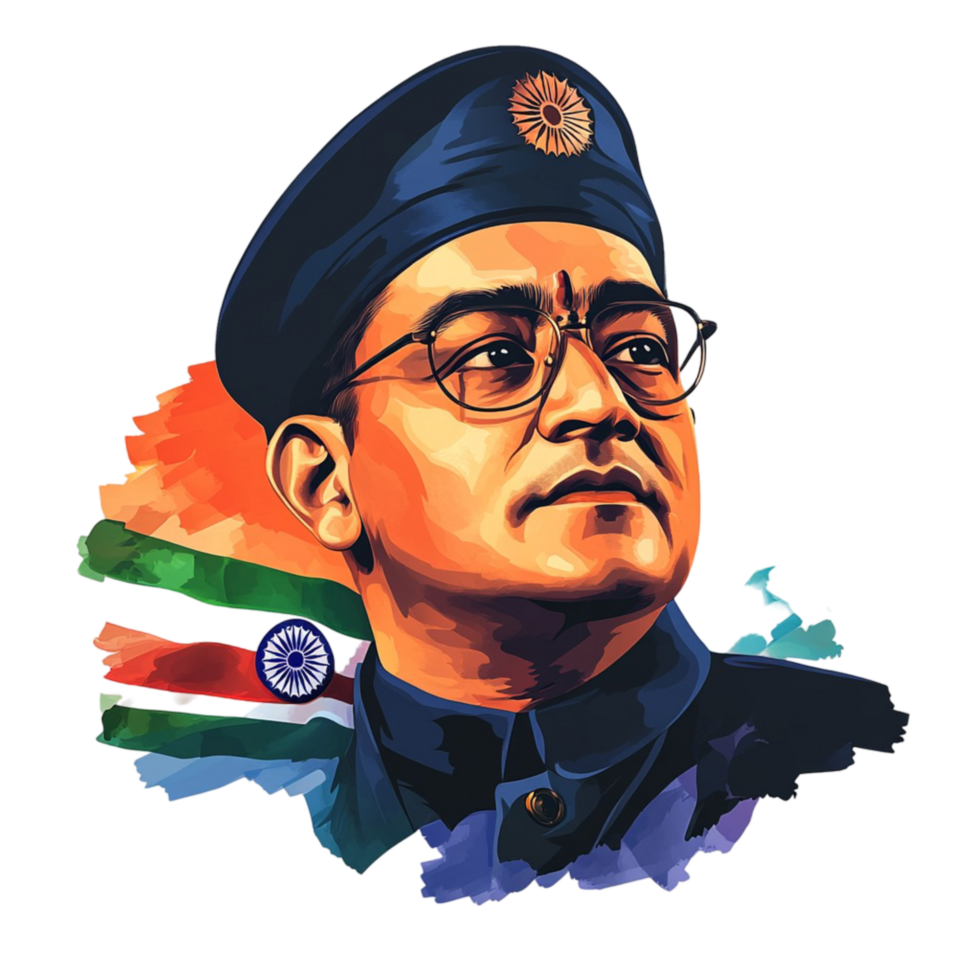 Portrait of Indian freedom fighter Netaji Subhas Chandra Bose with Indian flag on historical figure png
