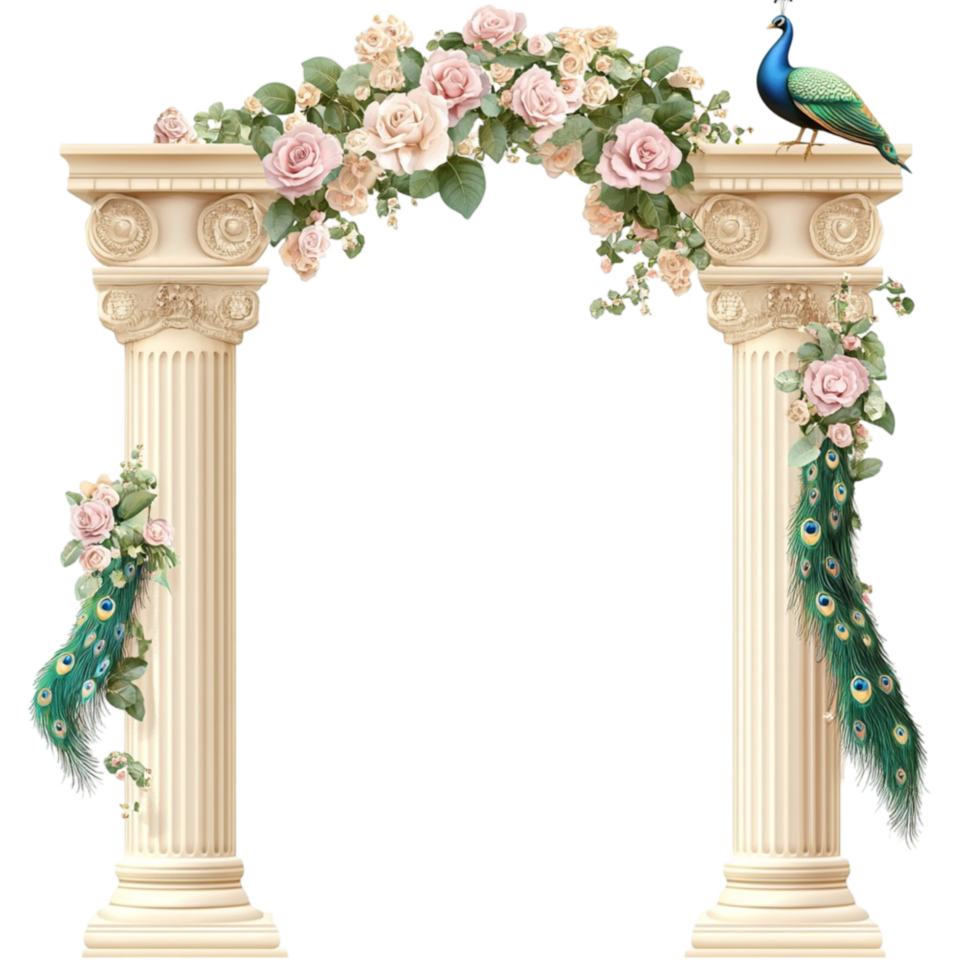 Wedding arch with white columns green leaves and peacock on garden ceremony decoration png