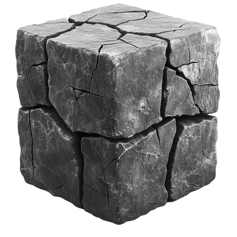 Realistic cracked stone cube on 3D rock block png