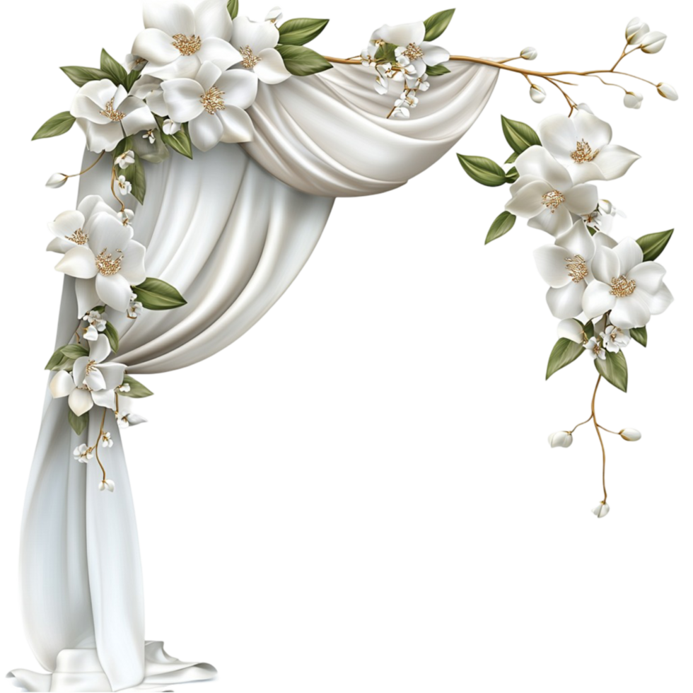 White wedding curtain with green ivy decoration on elegant event decor png