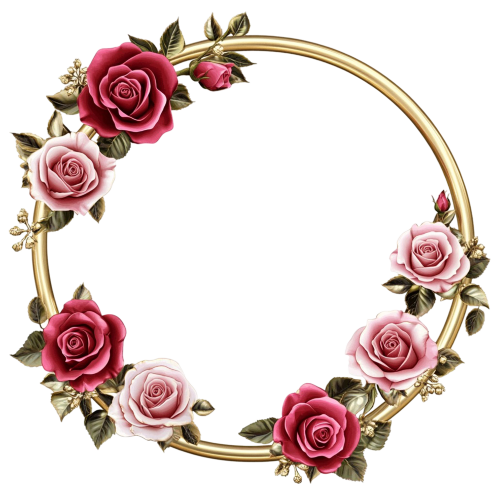 Golden floral wreath with red roses on romantic wedding frame png