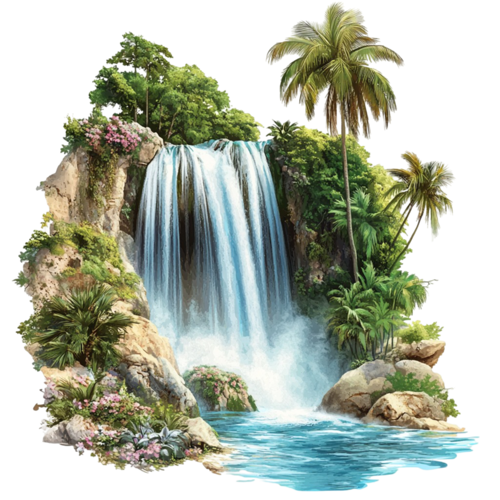 Waterfall with rocks and palm trees on tropical nature landscape png