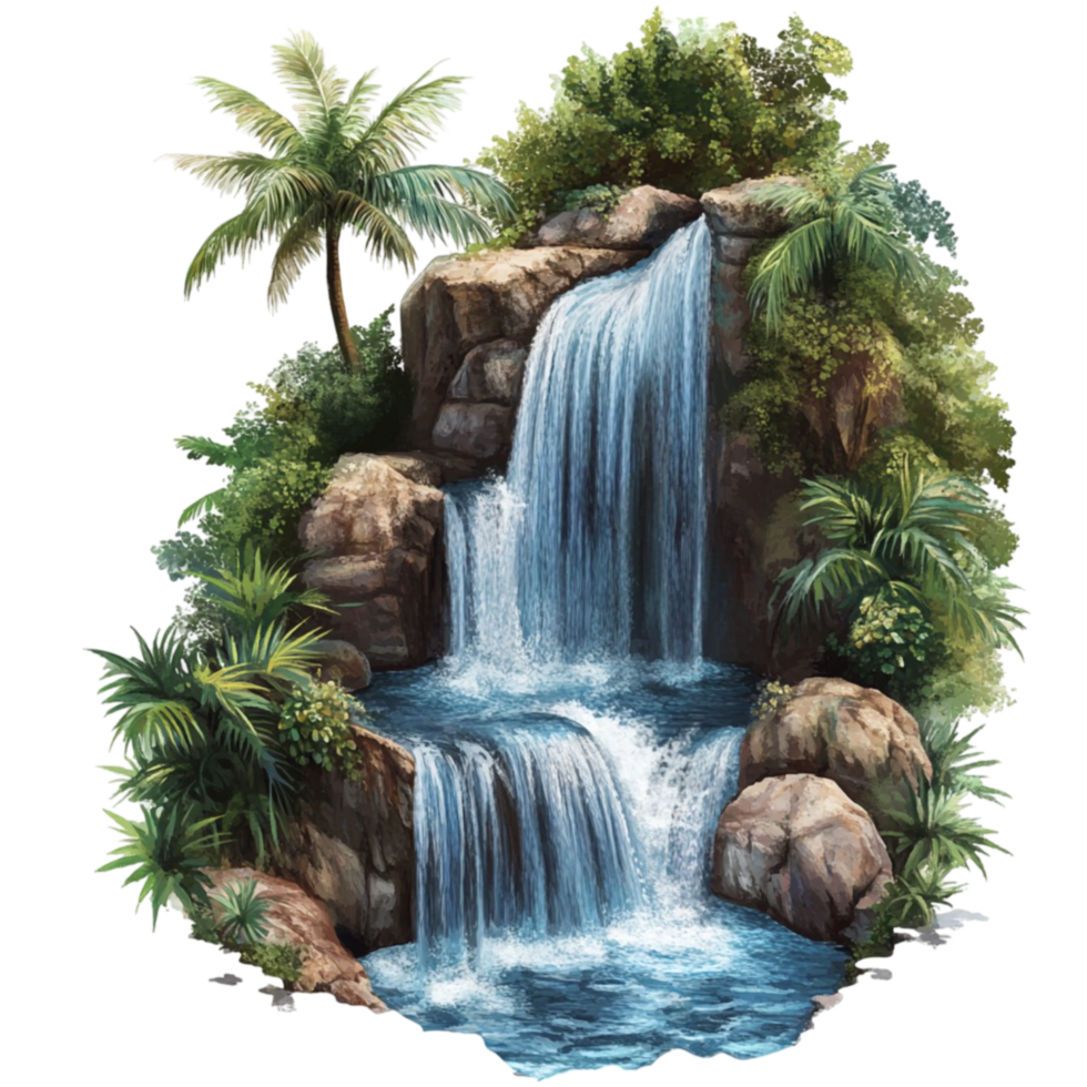Waterfall with rocks and green plants on nature landscape scenery png