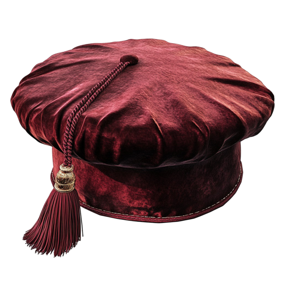 Maroon velvet graduation cap on academic hat ceremony symbol png