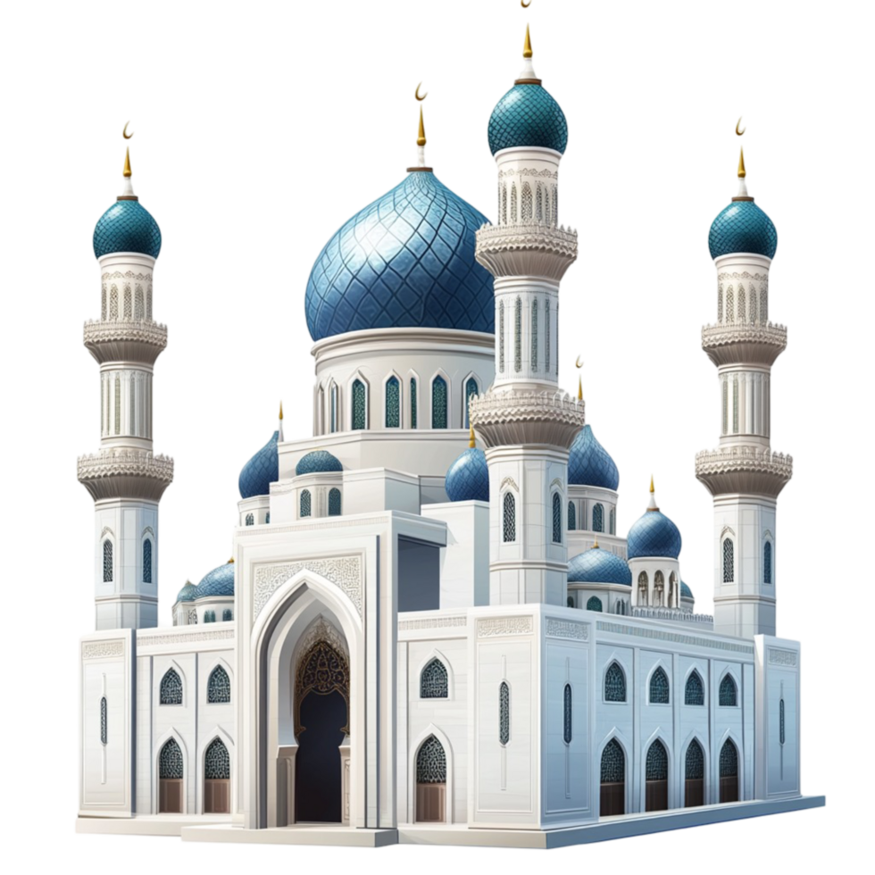 Beautiful mosque with blue domes on Islamic architecture landmark png