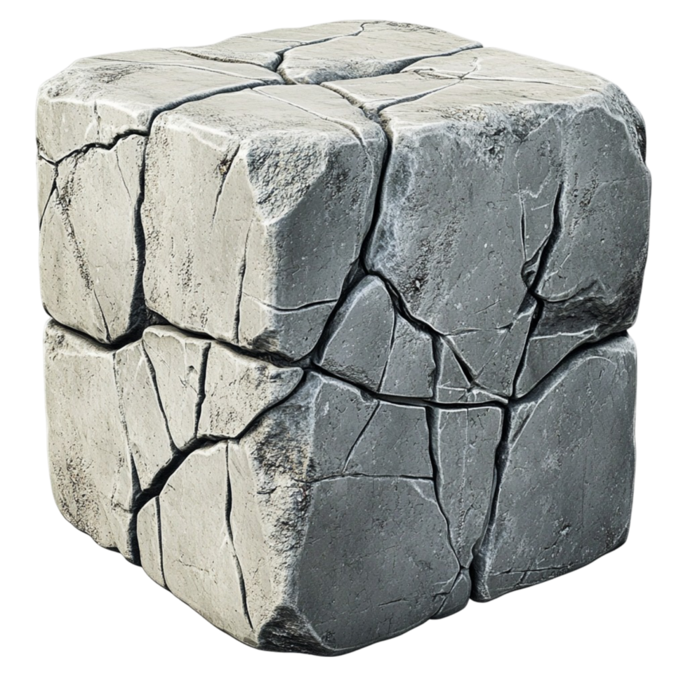 Cracked concrete cube on broken stone block construction png