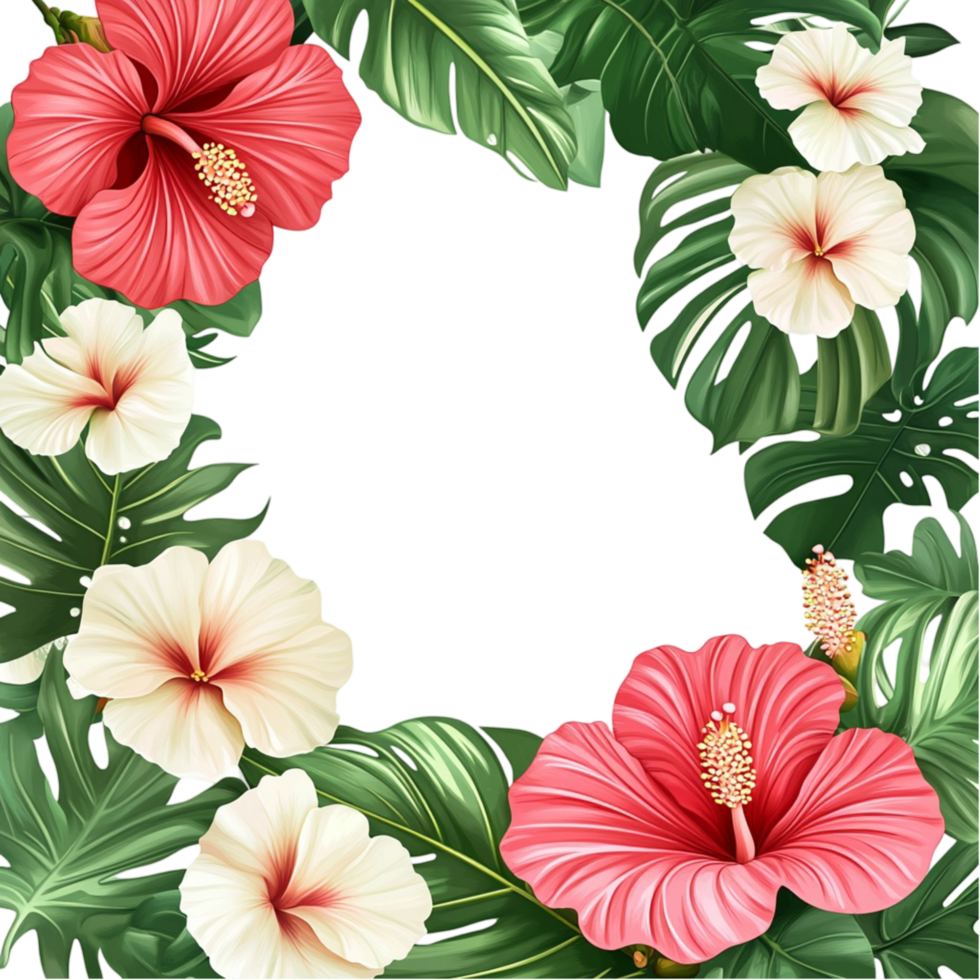 Tropical floral wreath with red and white hibiscus flowers on summer botanical frame png