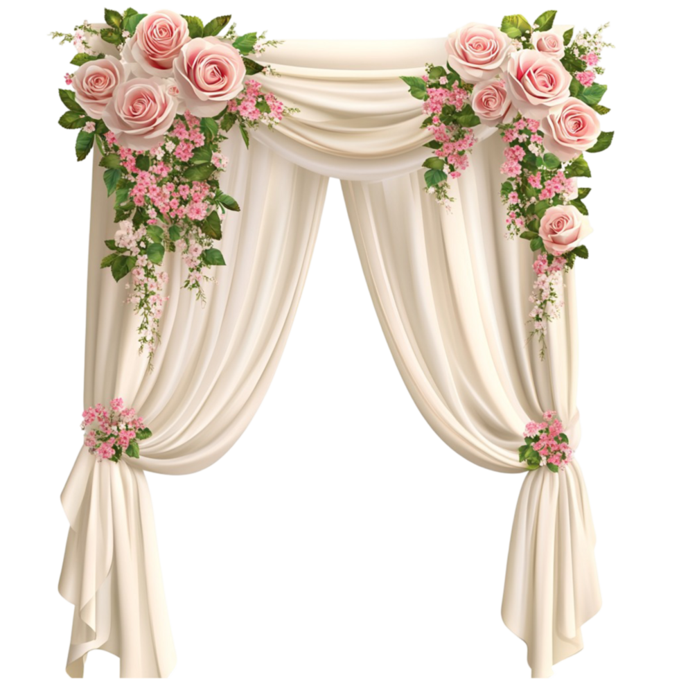 Wedding floral arch with pink roses and beige curtains on elegant decoration png