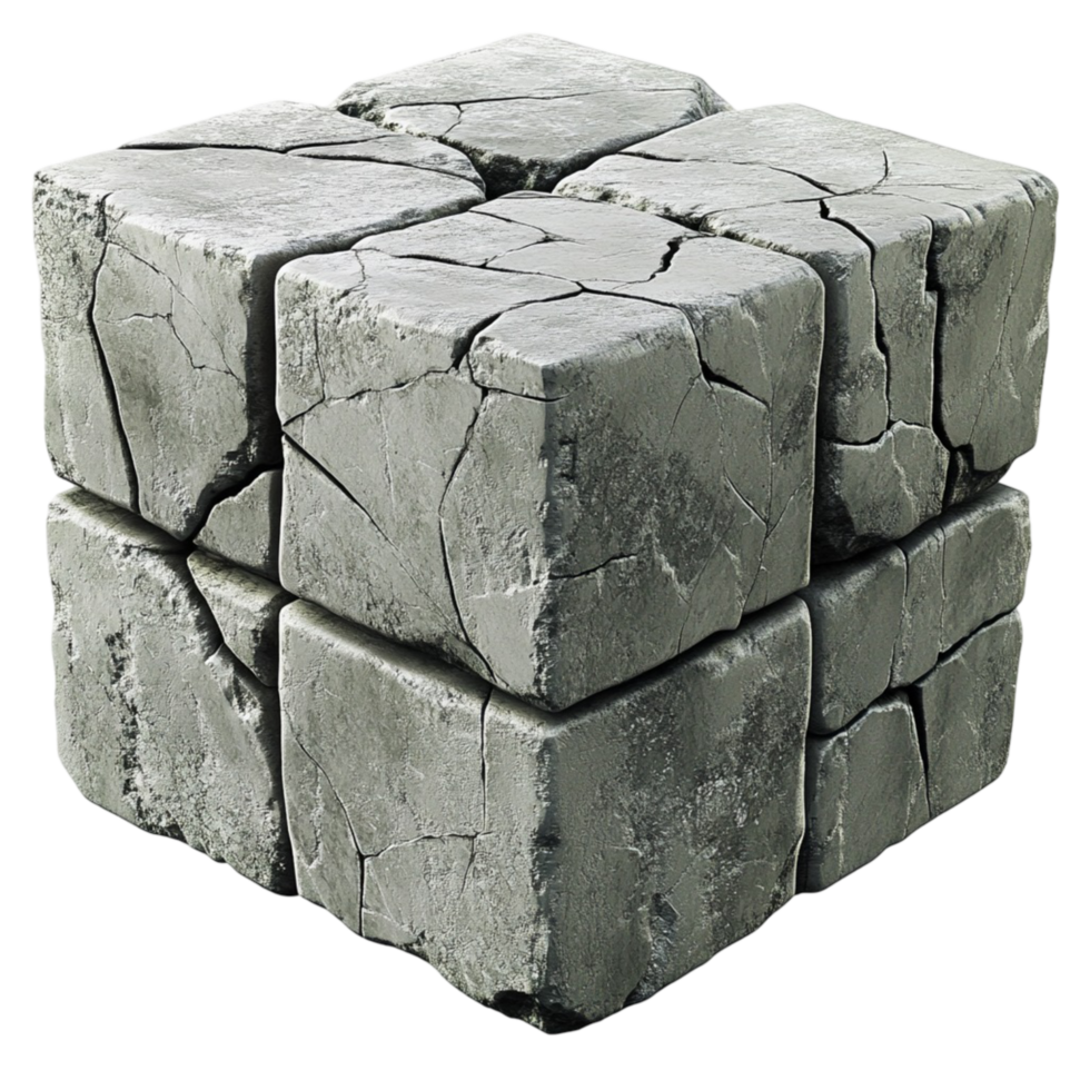 Cracked concrete cube on broken stone block construction concept png