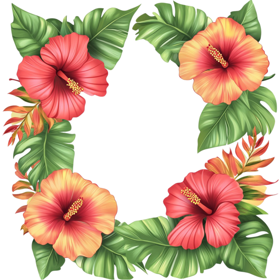 Tropical hibiscus flower wreath with red and yellow blossoms on summer botanical frame png