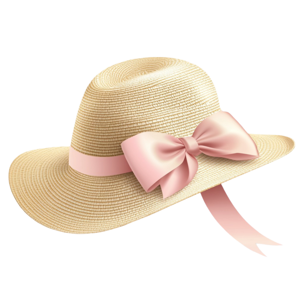 Elegant wide brimmed straw sun hat with pink ribbon png