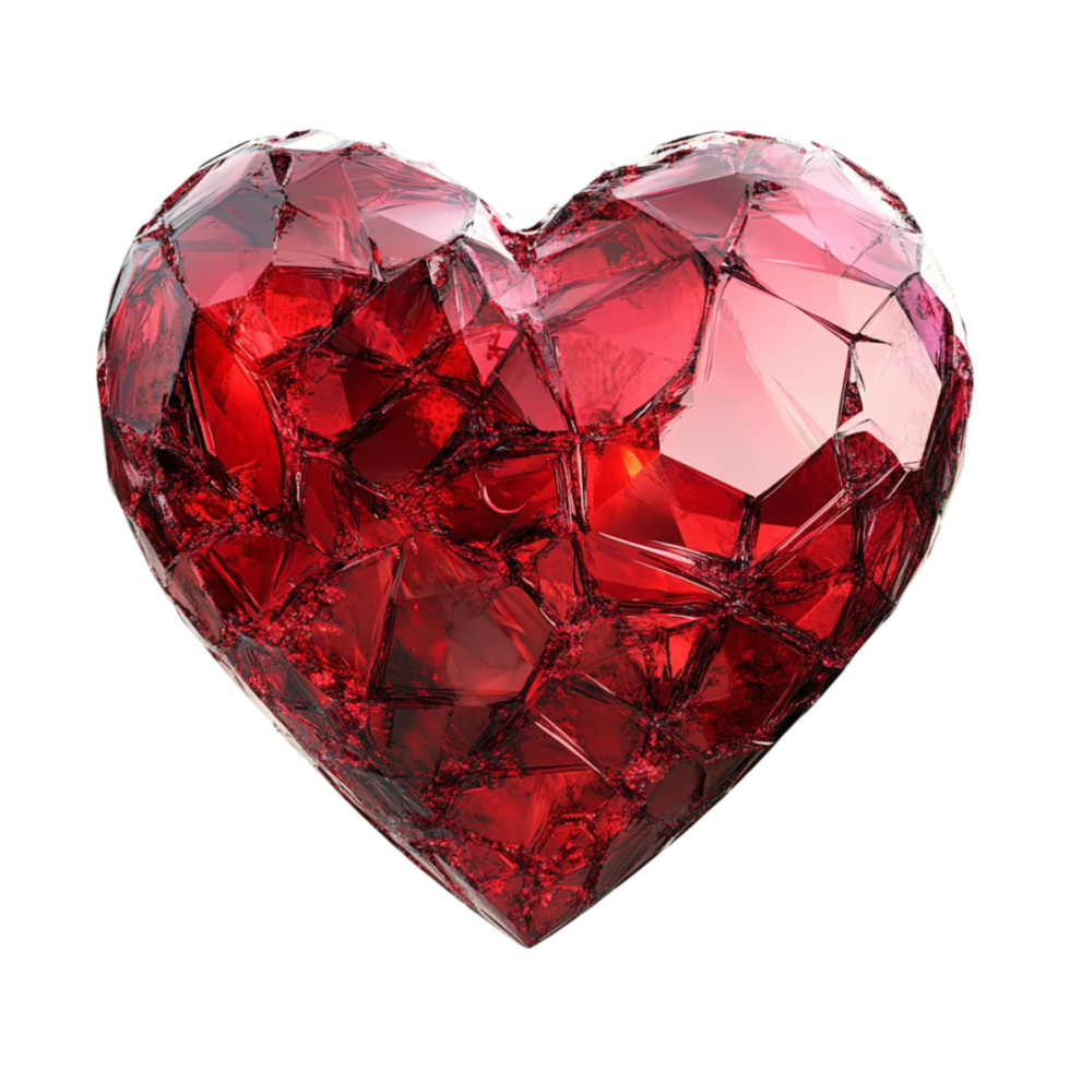 Shattered ruby red heart with reflective broken glass effect png