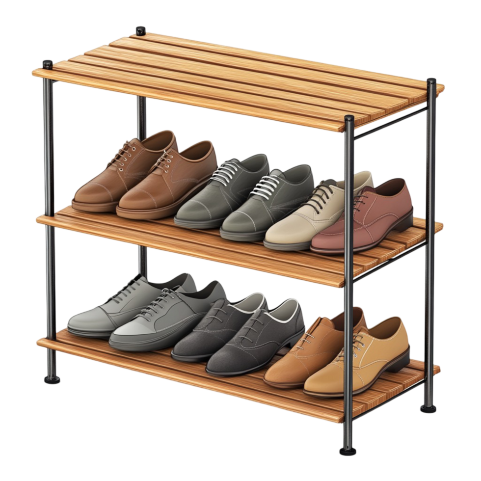 Minimalist Metal and Wooden Shoe Rack with Multiple Shelves for Storage png