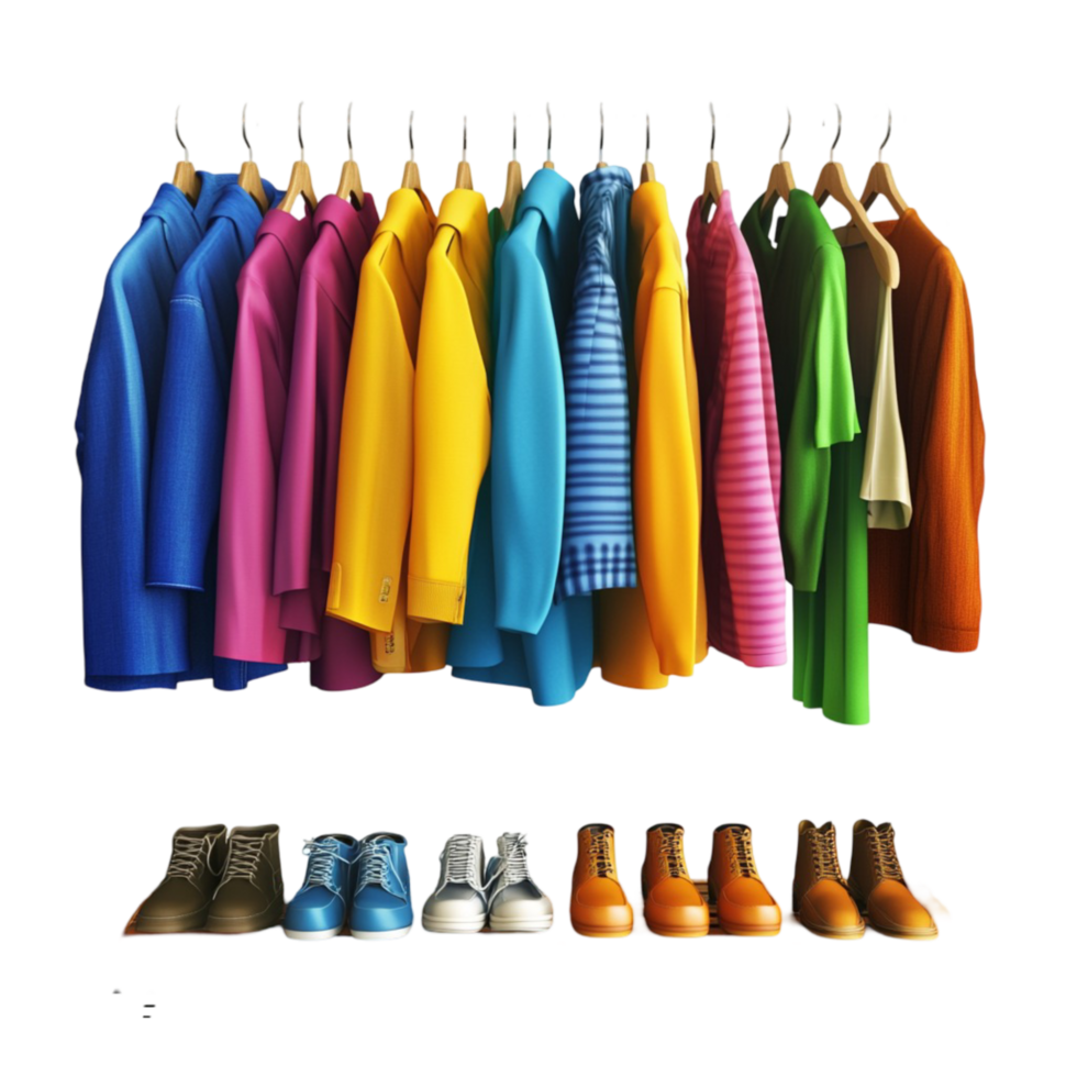 Colorful Clothes Hanging on Rack with Shoes Displayed png