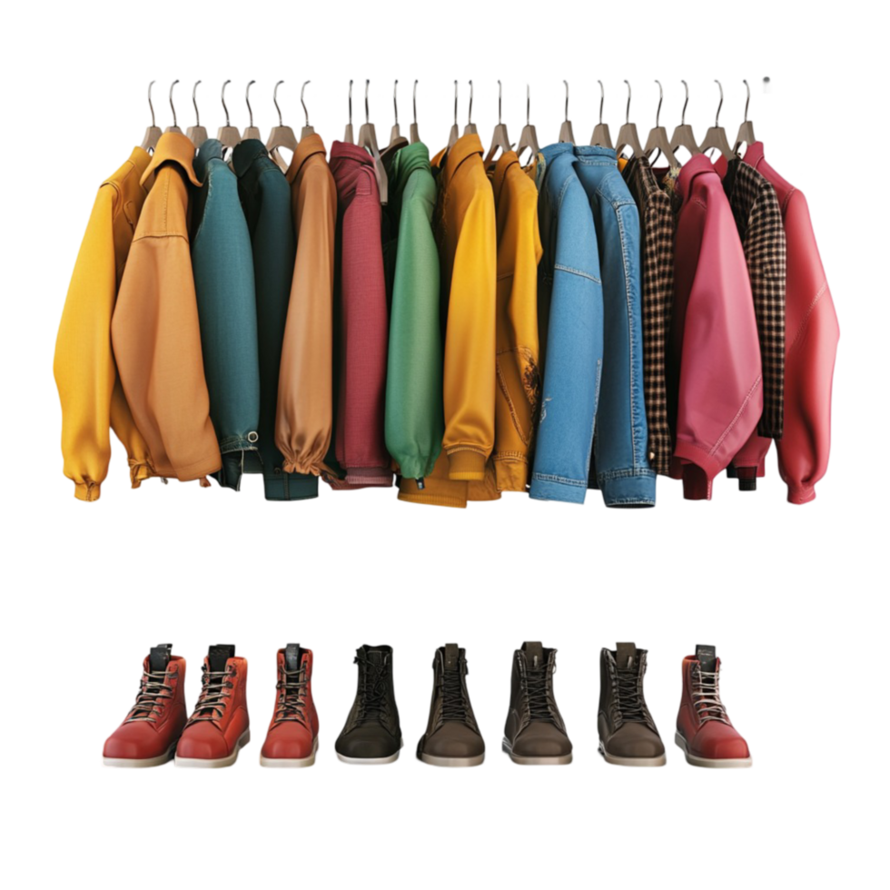 Variety of Jackets and Shirts Hanging on Clothing Rack with Shoes png