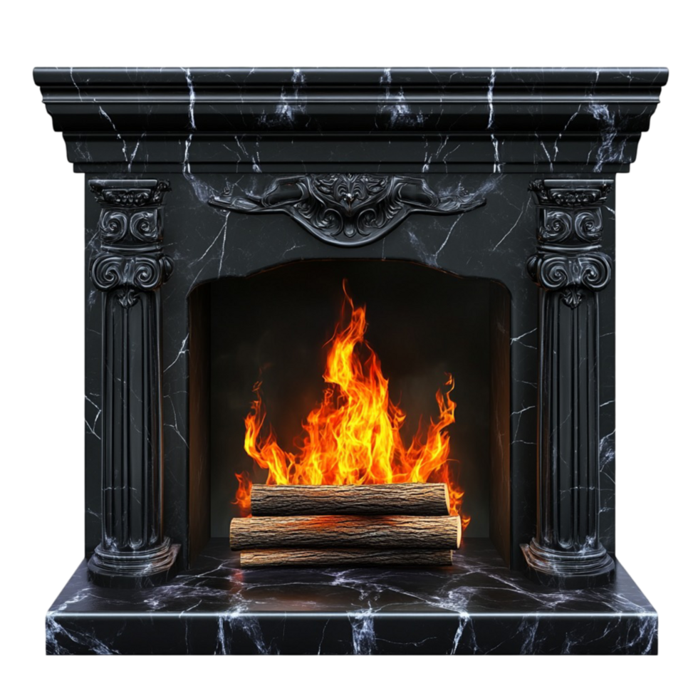 Luxurious Black Fireplace with Burning Fire for Home Decor png