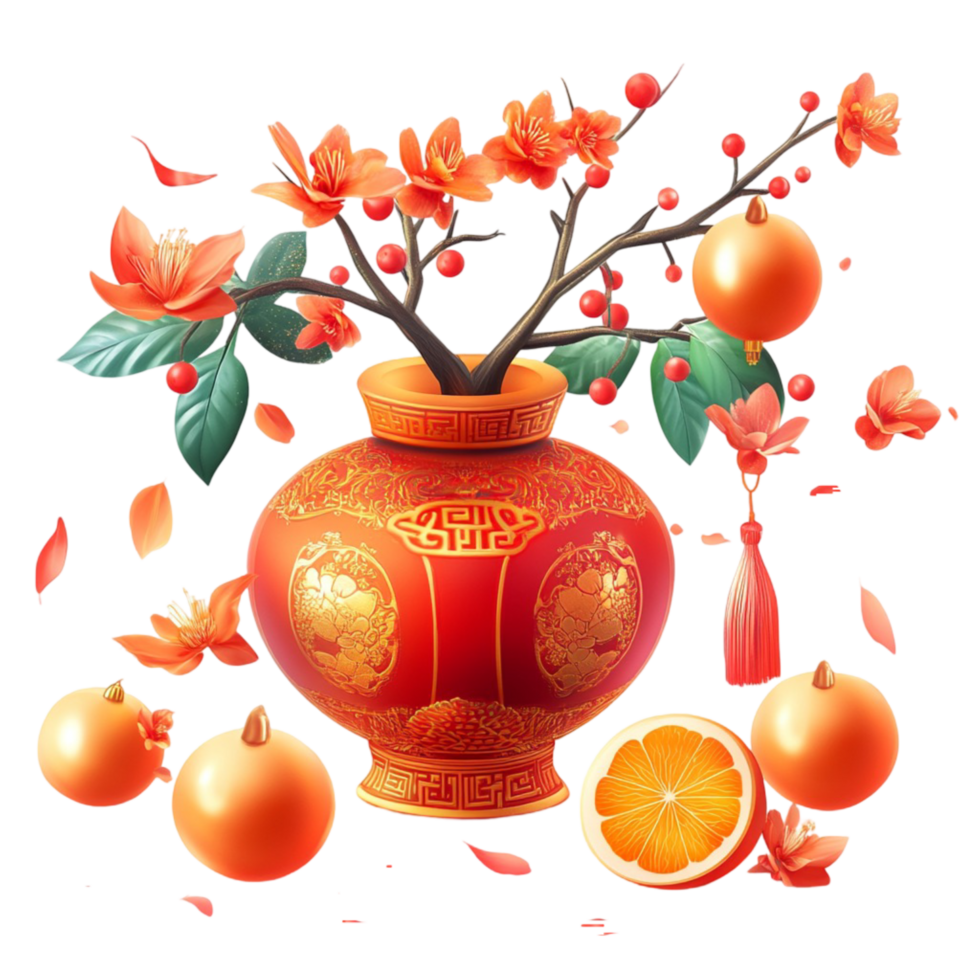 Chinese New Year Decoration with Red Lanterns and Flowers png
