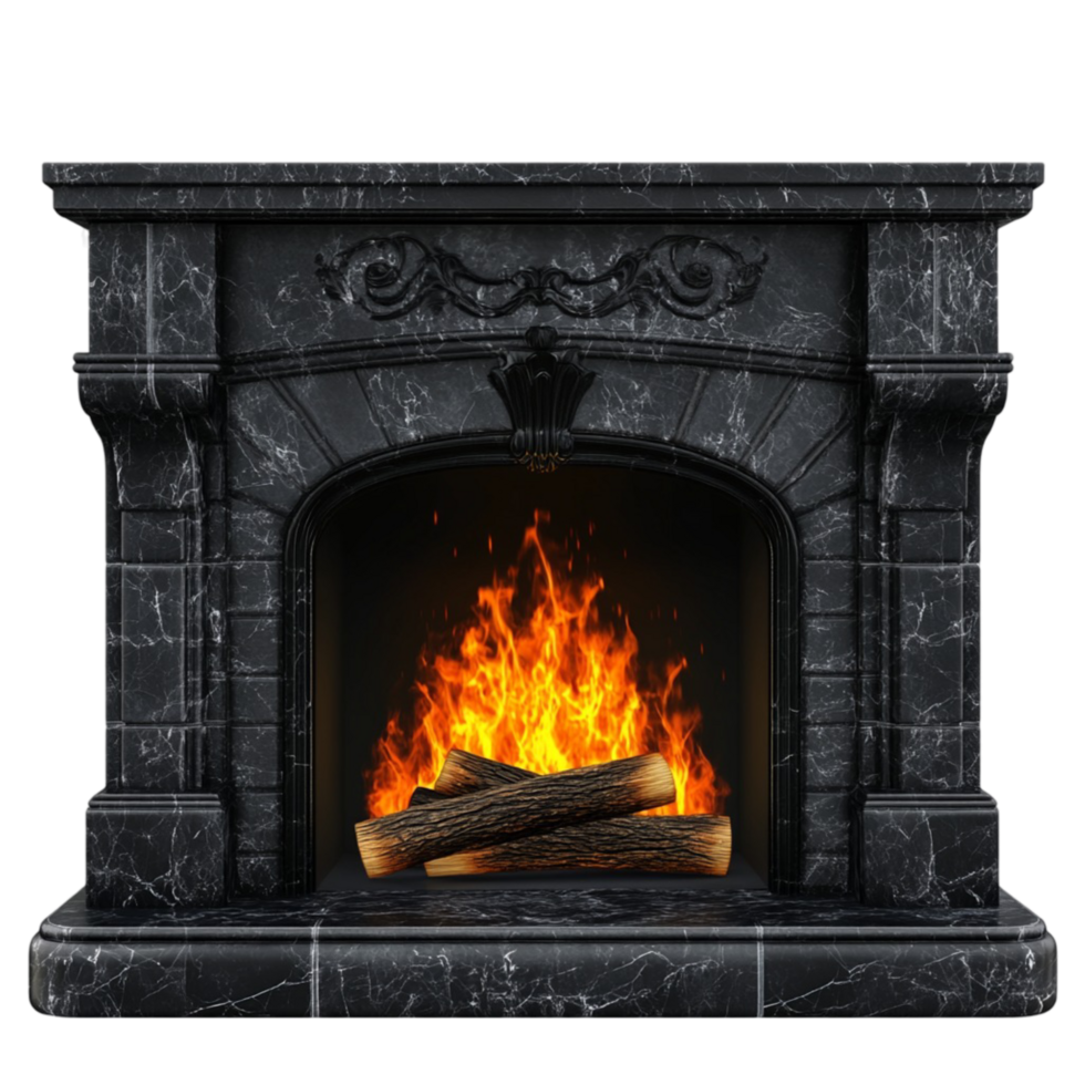 Classic Black Fireplace with Ornate Detailing and Fire png