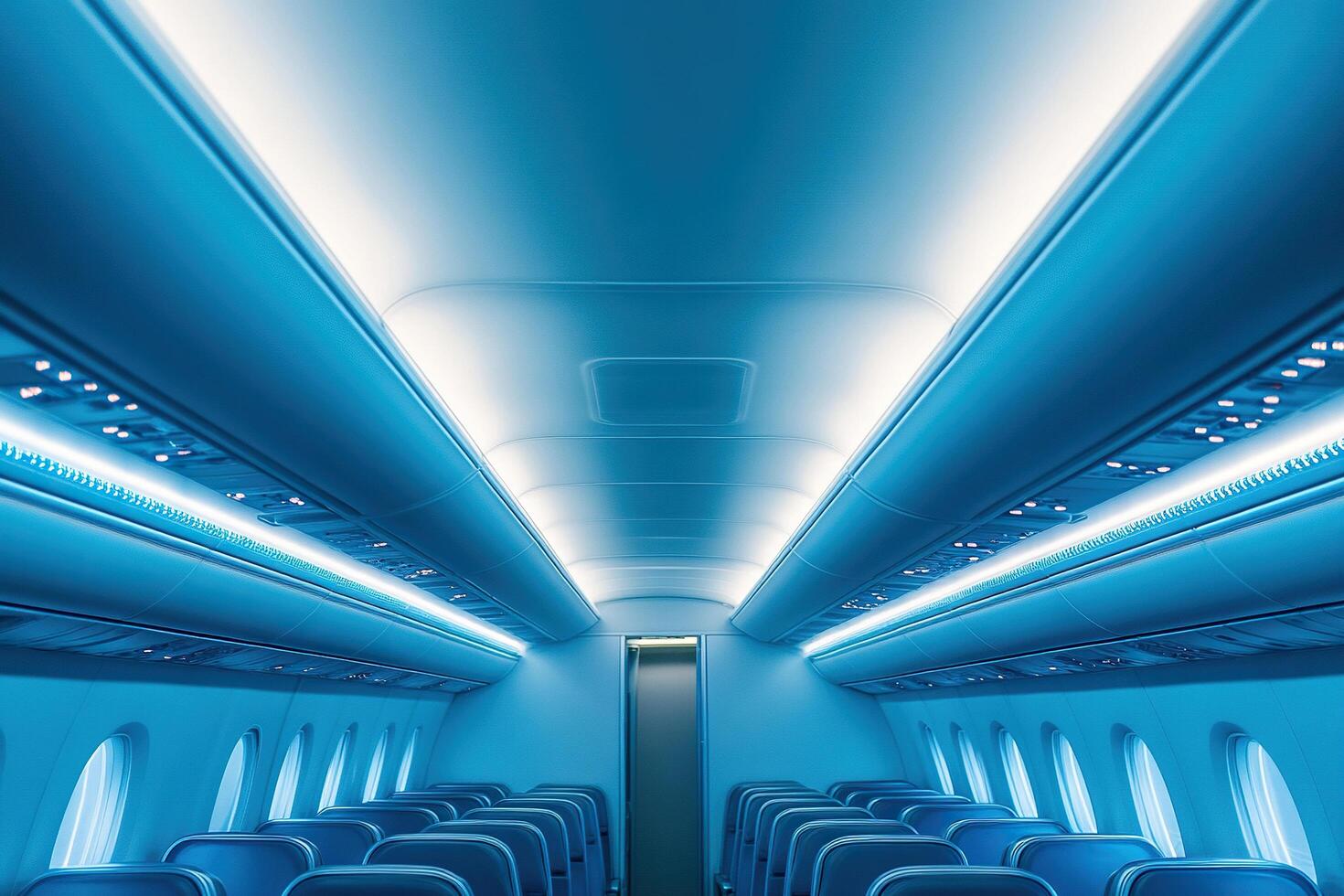The interior of the aircraft cabin shows off the hand luggage compartments and smart lighting. Modern amenities and comfort during the flight. photo