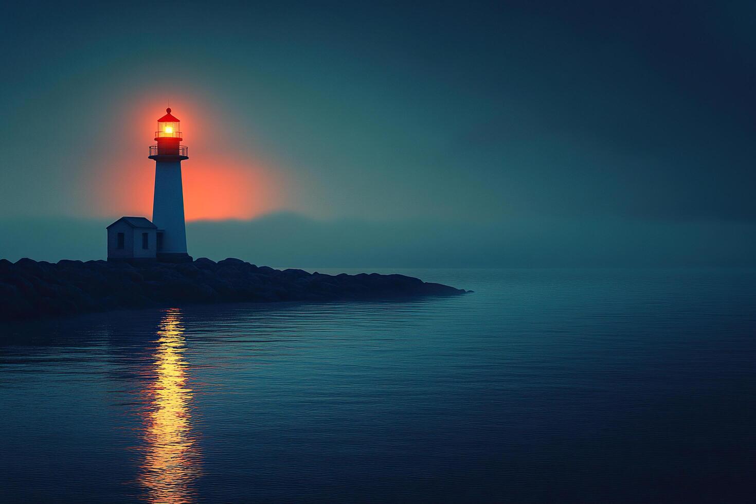 A lighthouse with a lit fire on a quiet, calm night on a rocky seashore. The concept of tranquility of nature and the human soul. Generated by artificial intelligence photo