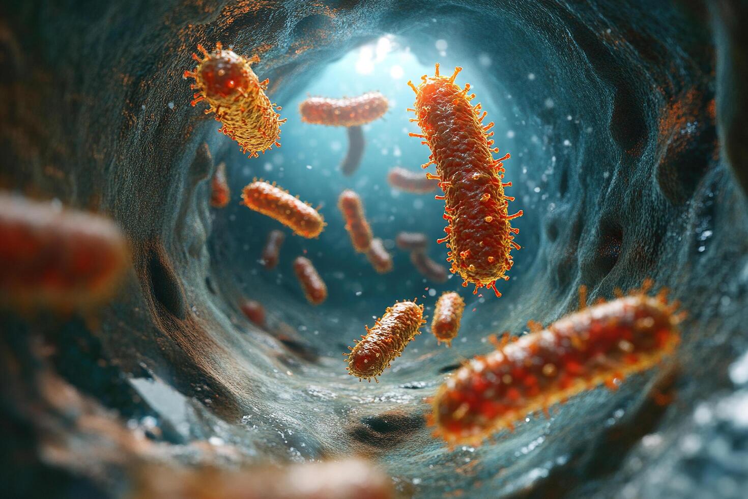 Microbes fly through the esophagus. The concept of microorganisms inside a person. photo