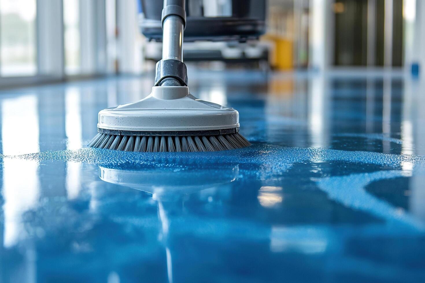 Machine washing of floors in the office. Close-up of the washing vacuum cleaner in operation. Office cleaning concept. photo
