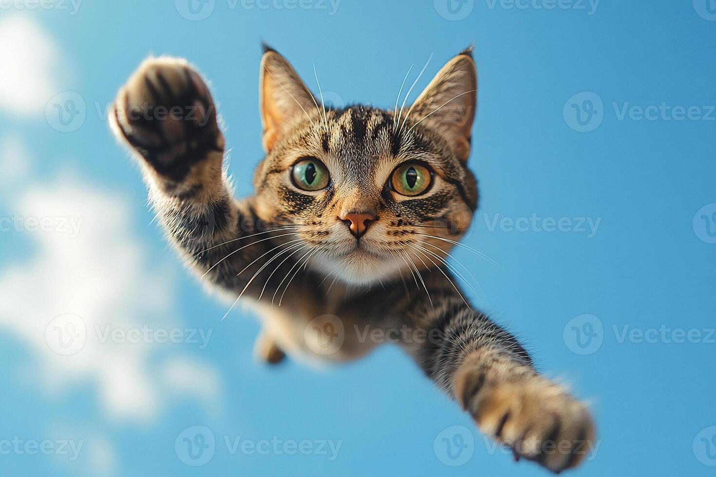A grey cat jumps straight towards the camera against a blue sky, creating the illusion of flight. Generated by artificial intelligence photo
