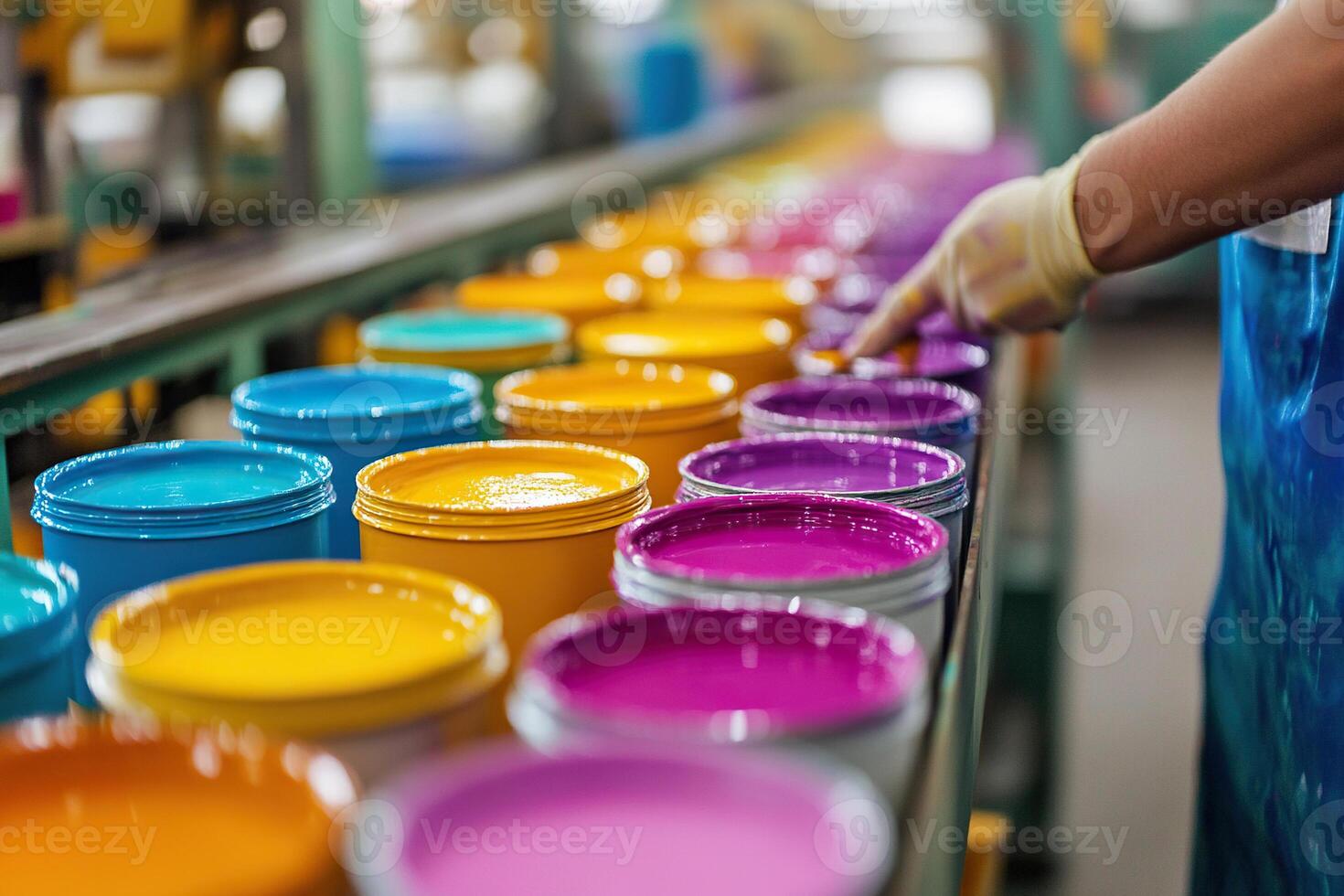 Cans of industrial paint in different colors travel on a conveyor belt in a factory. Factory for the production of paints. photo