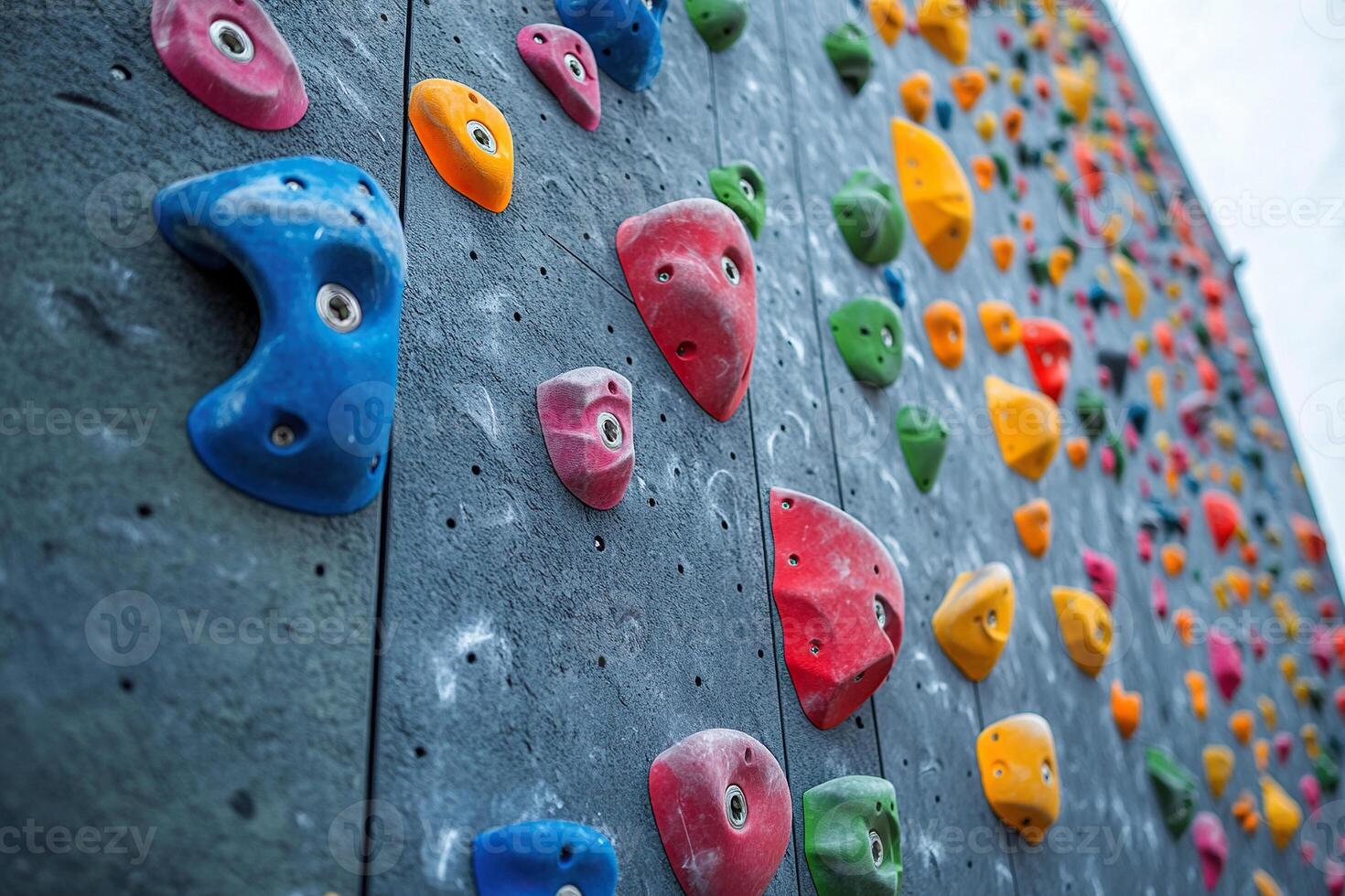 A wall with ledges and grips for rock climbing training. Generated by artificial intelligence photo