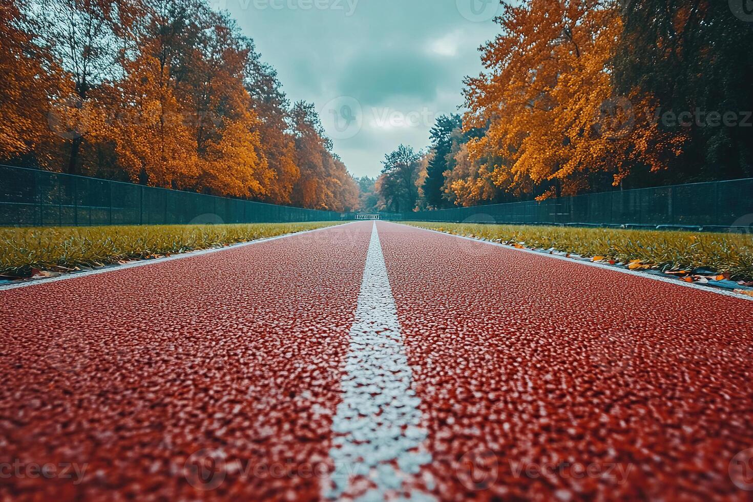 A red running track with a white stripe down the center at an outdoor sports stadium. Generated by artificial intelligence photo